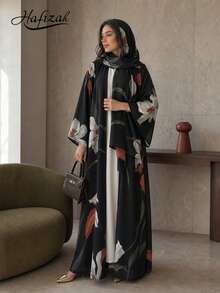 Hafizah Abaya Kasual Wanita Motif Bunga Terbaru dengan Bukaan Depan dan Jilbab, Cocok untuk Pemakaian Sehari-hari - Hitam - View 2