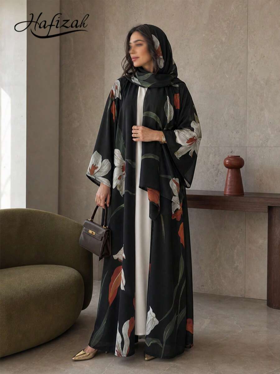 Hafizah Abaya Kasual Wanita Motif Bunga Terbaru dengan Bukaan Depan dan Jilbab, Cocok untuk Pemakaian Sehari-hari