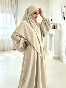2pcs/Set Khimar+Abaya) Soft Muslim Prayer Outfit, Long Abaya With Matching Hijab, Casual Outing Essential Fashion Item (Hijab+Dress) - Multicolor - View 4