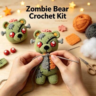 Crochet Kit Of Green Stitched Zombie Bear,Crochet Santa's Candy Christmas Garland DIY Kit, Perfect For Beginners' Handicraft Crochet Materials. Create A Unique And Thoughtful Handmade Christmas, Halloween, Or New Year's Gift.