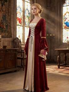 Vintage Renaissance Medieval Court Style Gold Velvet Lace-Up Waist Dress, Stage Performance Costume - Red - View 2