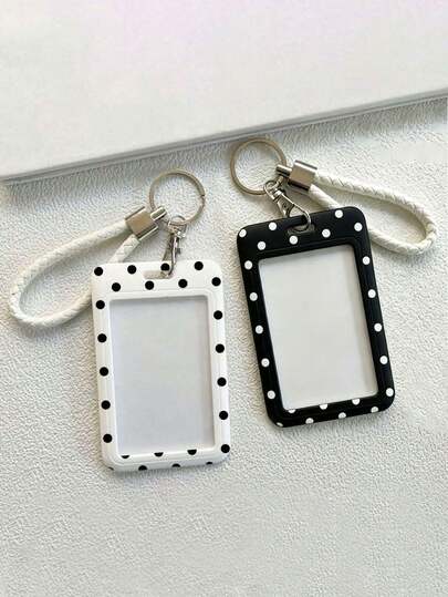 New Polka Dot Style Card Holder - Featuring Cute Polka Dot Design, Provides Stylish Protection For School And Office IDs, With Multi-Functional Use As A Bag Charm, Keychain, Wallet, And Bank/Credit Card Holder, Equipped With A Sliding Cover And Lanyard, Made Of Durable Plastic Material, Suitable For Student IDs, Meal Cards, Bus/Subway Cards, And Access Cards, Sturdy And Durable, Effectively Protects Work IDs, Ideal For Teacher's Day, Birthdays, Halloween, Christmas, And Back-To-School Season, Random Pattern Cutting