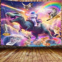 "Astronaut Riding A Dinosaur" Tapestry, Japanese-Style Wall Decor, Aesthetic Bedroom Decoration, Fun Cat Tapestry For Kids - Multicolor - View 2
