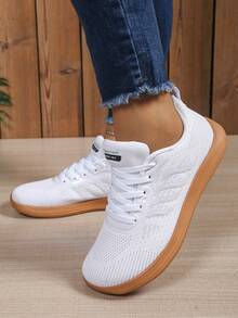 Women's Wide Toe Box Striped Mesh Lace-Up Sneakers, Suitable For Casual, Sports And Commuting - White Brown - View 5