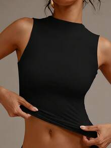 XLLAIS Crew Neck Sleeveless Solid Color Undershirt, Double-Layer Stretchy Slim Fit T-Shirt Casual Black Summer, Everyday Wear - Black - View 2
