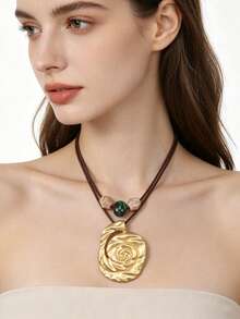 1pc Bohemian Spiral Rose Metal Pendant Necklace, Double Layer Wax Cord With Beads Short Choker Neck Decor, Atmospheric Layering Accessory, Christmas Halloween Outfit Jewelry, Gift For Girlfriend Best Friend Elder Holiday - Short - View 3