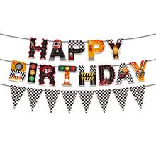 1Set Race Car Happy Birthday Banner With Checkered Pennant Flags, Racing Helmet Traffic Light Trophy Wheel Pattern Paper Garland, Black White Checkered Racing Themed Hanging Decor For Birthday Party Indoor Outdoor Wall Photo Booth Supplies - View 8