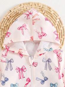 Baby Girl Autumn Thin Bowknot All-Over Print Long Sleeve Hooded Zip-Up Sweatshirt With Pockets Casual Fashion Open Front Sweatshirt Top - Baby Pink - View 3