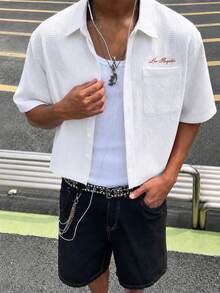 男士夏季休閒純色印花短袖襯衫，度假海灘熱帶風襯衫，日常穿著，法式優雅浪漫，父親節禮物 - 白色 - 查看 1
