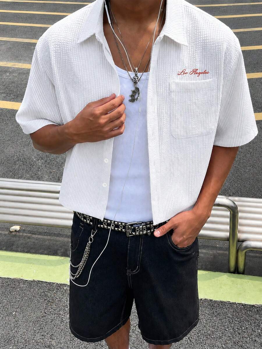 男士夏季休閒純色印花短袖襯衫，度假海灘熱帶風襯衫，日常穿著，法式優雅浪漫，父親節禮物 - 白色 - 查看 1