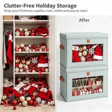 1pc Foldable Christmas Storage Box With Transparent Front Window, Stackable Fabric Holiday Decor Organizer Bin With Sturdy Leather Handles And Dust Cover, Suitable For Christmas Stockings, Ornaments, Ribbons And Holiday Supplies - Multicolor - View 2