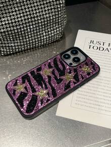 1pc Pink Zebra Stripe Rhinestone Star Color Block Leather Inlaid Crystal Anti-Drop Spray Painted Phone Case For 18promax/17pro - Pink - View 7