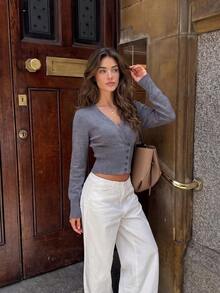 Fashionable Women's V-Neck Side Button Slim Fit Ribbed Sweater, Solid Gray Long Sleeve Knit Top Fall - Grey - View 5