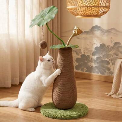 1 pieza Poste rascador de gato con forma de hoja de loto para interiores con base estable de felpa, poste rascador vertical con pelota interactiva colgante para gatitos para afilar garras y masticar, suministros para el hogar de mascotas