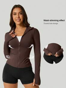 1 buah Jaket Olahraga Wanita Motif Tulang Ikan Warna Hitam, Mantel Yoga Pas Badan dengan Karet Elastis - Coffee Brown - View 2