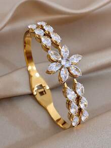 1Pc/Set Luxury Elegant Floral Geometry Diamond Stainless Steel Bangle Bracelet For Women,Party,Daily,Christmas,Birthday Gift/Wedding/Halloween - Multicolor - View 5