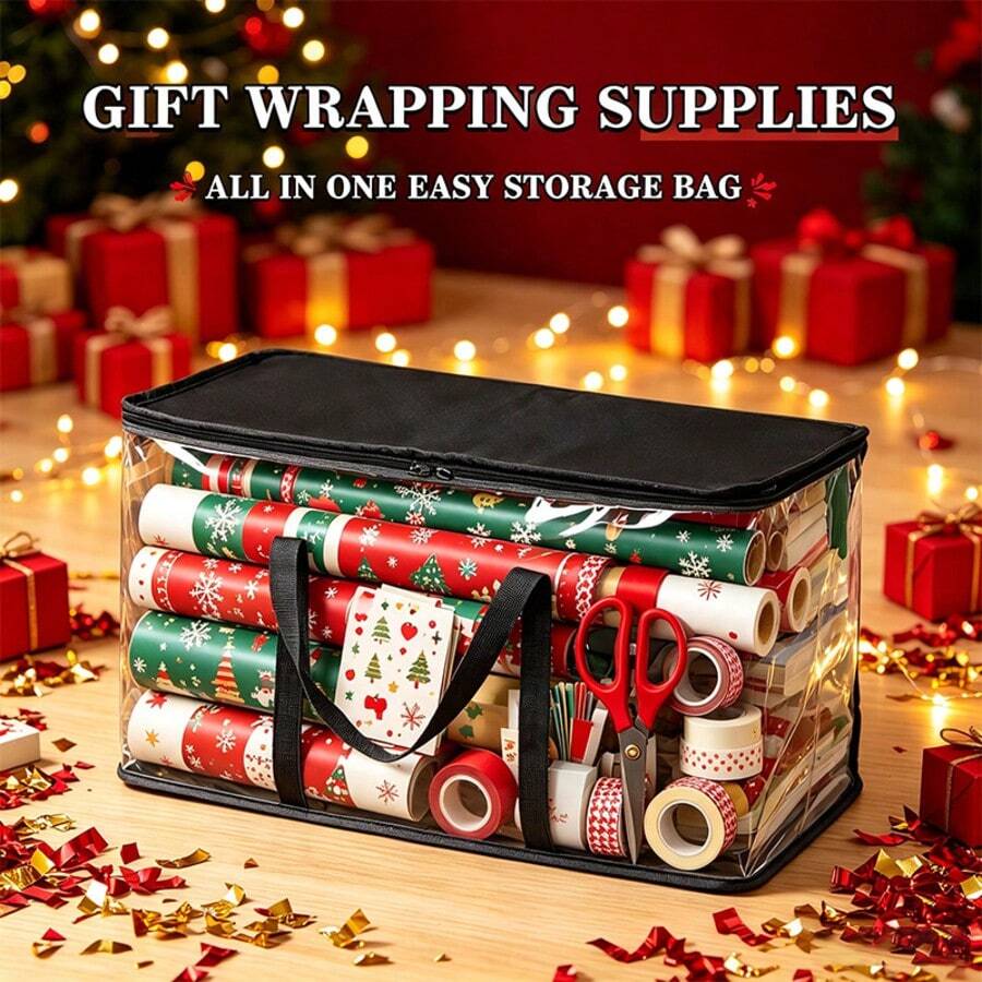 1pc Transparent PVC Christmas Storage Bag With Reinforced Handle And Zipper, Holiday Decoration Organizer Bag, Suitable For Christmas Lights, Wrapping Paper, Party Tableware, Decorations, Travel Holiday Supplies Storage Container - Multicolor - View 1
