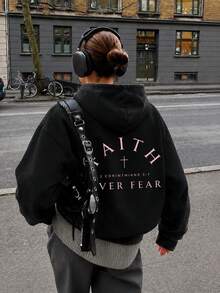 1 buah Sweatshirt Hoodie Wanita, Motif Salib Iman, Gaya Minimalis Lembut Kasual Musim Gugur - Hitam - View 3