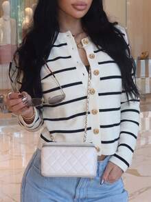 Women's Striped Gold Button Cardigan Sweater, White Long Sleeve, Medium Stretch, Regular Fit, Autumn/Winter - Black and White - View 4