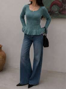 Women's Ribbed Knit Ruffle Trim Top, Square Neck Ruffle Hem Long Sleeve Sweater, With Ruffle Details, Slim Fit Cropped Length For Height Proportion, Suitable For Commute, Date, Daily Wear, Street, Coffee Shop Date, Inner Layer, Autumn/Winter Single Wear Base Layer - Mint Blue - View 9