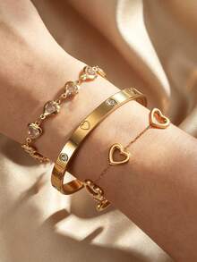 3pcs/1pc Fashionable Elegant Stainless Steel Bracelet, Clover Design, Suitable For Daily Wear, Birthday Gift, Party, Holiday Gathering, Also An Ideal Choice For Yourself Or Friends - Gold 4 - View 2