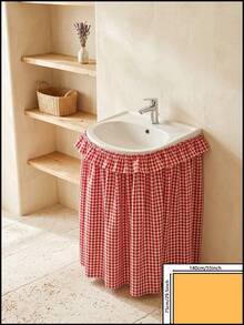1pc Black And White Plaid Fabric Washable Material Round Basin Skirt With Ruched Hem And Pleated Details, Minimalist Fashion Style, Concealing Washbasin Storage And Decorative Function, Suitable For Bathroom Daily Arrangement And Modern Home Decor - Red - View 11