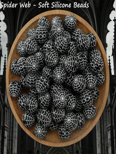 20pcs Of 3D Spider Web And Web Silicone Beads, Black And White Patterned Beads, Suitable For Creating Unique Halloween Jewelry, Gothic Style Crafts, Party Favors, And Halloween Decorations