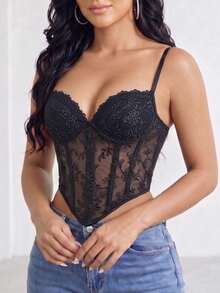1pc Floral Lace Mesh Corset Style Spaghetti Strap Crop Top, Full Bust Support, Lace Corset, Suitable For Nightclub Outfits - Black - View 5
