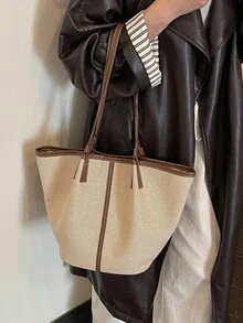 Bolso tote de gran capacidad con diseño de bloques de color y patchwork - Marrón - Ver 5