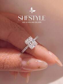 1 buah Cincin Pertunangan/Cincin Pernikahan Berlian Persegi Panjang Berkilau, Perak Sterling 925, Cincin Janji/Cincin Keabadian Wanita, Hadiah Perhiasan yang Istimewa - Perak - View 2