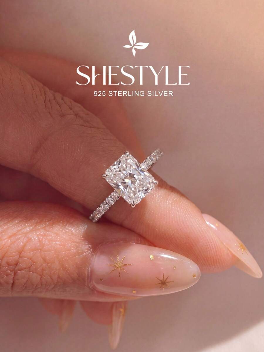 1 buah Cincin Pertunangan/Cincin Pernikahan Berlian Persegi Panjang Berkilau, Perak Sterling 925, Cincin Janji/Cincin Keabadian Wanita, Hadiah Perhiasan yang Istimewa