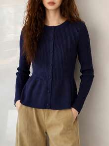 Women's Autumn/Winter Minimalist Casual Elegant Date Solid Color Slimming Vertical Ribbed Texture Round Neck Cardigan Knit Sweater Fall - Navy Blue - View 3