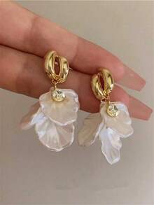1對長流蘇壓克力貝殼花朵耳環，女款時尚耳環，適合派對、宴會、假日，珠寶飾品配件，波希米亞風 - 金色 - 查看 3