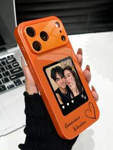 1pc DIY Customized Couple Photo & English Name Dual Custom Luxury Fashion Large Window Tempered Glass With Lens Protection Anti-Drop Phone Case Compatible With Apple Duo/18ProMax/17ProMax/16Pro/15/14Plus/13Pro/12ProMax/11 Phone Accessories Full Coverage Premium Protective Cover - Orange - View 4