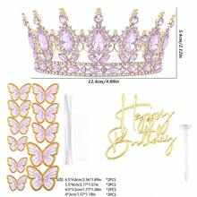 57pcs Purple Rhinestone Crown Cake Topper Set, Gold Butterfly Decor, Happy Birthday Acrylic Cake Topper, Princess Birthday Party Cake Decoration Supplies - Multicolor - View 6