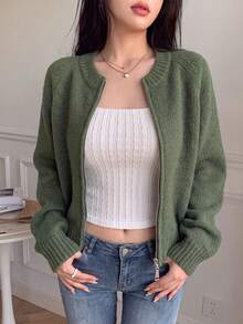 女士保暖双面拉链开衫毛衣，秋冬季，返校季 - 綠色 - 查看 1