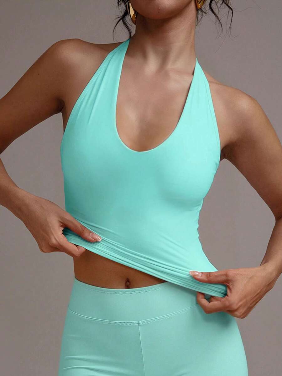 XLLAIS Women's Mint Green Halter Neck Ruched Fitted Versatile Casual Top, High Elasticity Double Layer Fabric, Deep U-Neck Backless Tank Top Summer - Mint Blue - View 1