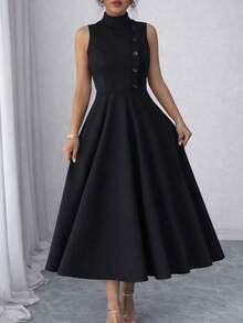 Elegant Sleeveless High Neck Midi Dress For Women, Side Button Detail, Chic Casual And Party Tailored Dress - 黑色的 - 查看 5