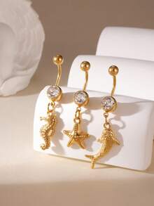 3pcs Fashionable Personalized Stainless Steel Animal Belly Button Rings, Suitable For Women's Daily Or Vacation Wear - Multicolor - View 2