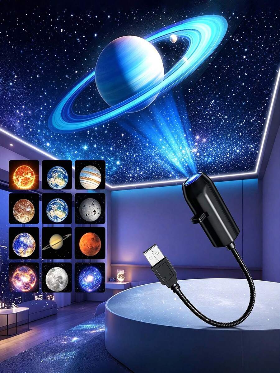 1pc LED Starry Galaxy Projector Light, Includes Planet, Moon, Earth, Jupiter Patterns, 360° Rotation, Desktop Decorative Lamp, No Battery Required, USB Powered, Suitable For Gaming, Photography Lighting, Disco, Bedroom Lighting, Space, Birthday, Car, Holiday Atmosphere, Wedding Anniversary, Stars In The Night Sky, Galaxy Projector, Moonlight, Stars, Bedroom Ceiling, Photo Background, Proposal, Wedding, Camping And Other Scene Decoration