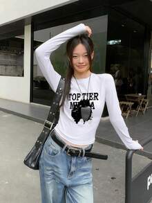 Niche Brand Unique Square Shoulder Long Sleeve Base Layer, Women's T-Shirt, Autumn Retro Portrait & Letter Print Y2K Top - White - View 2