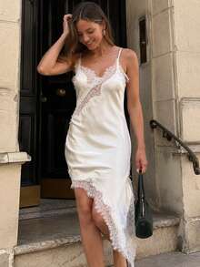 Lace Trim Satin Asymmetric Summer Party Mini Dress, Elegant New Sleeveless Sexy Nightgown, Brown/Black Backless Dress For Women - 米色 - 查看 1