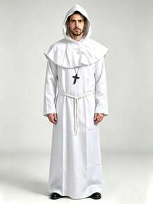 1 Set Men's Halloween Cosplay Medieval Cloak Monk Robe Wizard Priest Gown With Hood, Waist Rope & Necklace - White - View 1