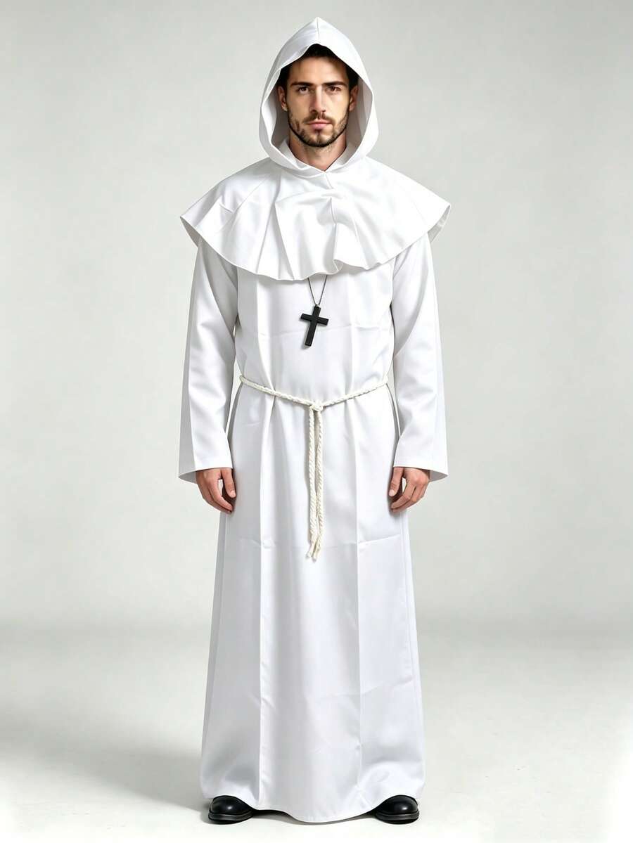 1 Set Men's Halloween Cosplay Medieval Cloak Monk Robe Wizard Priest Gown With Hood, Waist Rope & Necklace - White - View 1