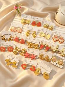 4/8/16/24 Pcs Dainty Gold And Red Heart-Flower Stainless Steel Earrings – Elegant Women's Accessories For Dates And Parties - Multicolor - View 5