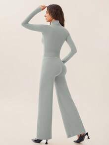 TimeOff Women's One Set Autumn/Winter Solid Color Stand Collar Jacket & High Waist Straight Leg Wide Leg Pants - Grey - View 3