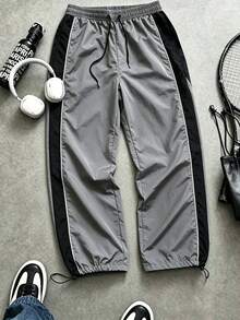 Whitmere Men's Wrinkled Texture Nylon Drawstring Waist Loose Fit Joggers, Side Colorblock And Stitching Details, Casual Street Style, Suitable For Daily Wear - Grey - View 3