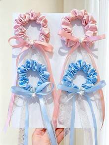 4/2pcs Rhinestone Lace Satin Ribbon Scrunchies, High Elasticity Non-Damaging Hair Accessories, Sweet And Cute Hair Ties - Suitable For Girls And Women, Daily, Vacation, School, Dating - Multicolor - View 1