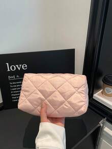 Fashionable Multi-Purpose Quilted Embroidered Grid Padded Makeup Bag, Student Pencil Case, Diamond Quilted Pattern, Solid Color Design, Casual Handbag, Warm Down-Filled Small Bag - Pink - View 10