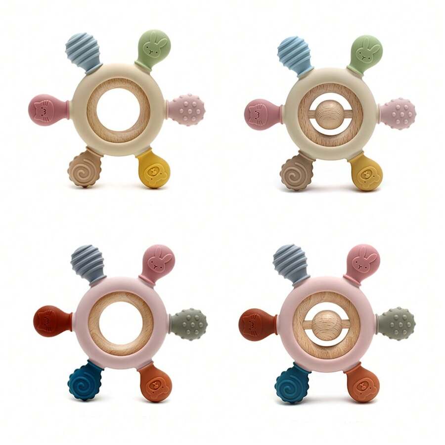 6-Point Teething Boat Steering Wheel Teether For Baby, Silicone And Beech Wood Teething Toy For Infant Teething Period - Multicolor - View 1